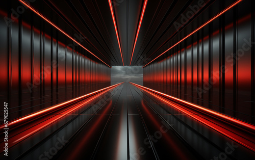 Mysterious redlit hallway leading to an unknown destination with straight red white lines generated ai