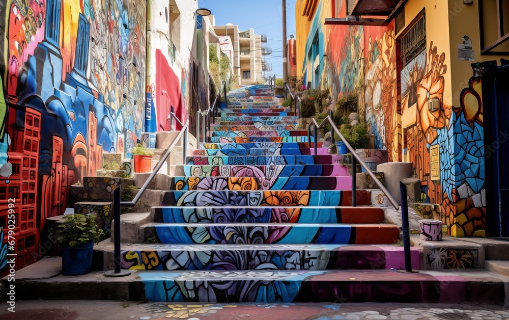 Urban Stairway with Street Art: An urban outdoor stairway decorated with vibrant street art and graffiti.