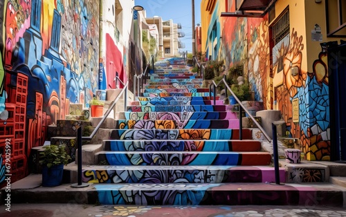 Urban Stairway with Street Art: An urban outdoor stairway decorated with vibrant street art and graffiti.