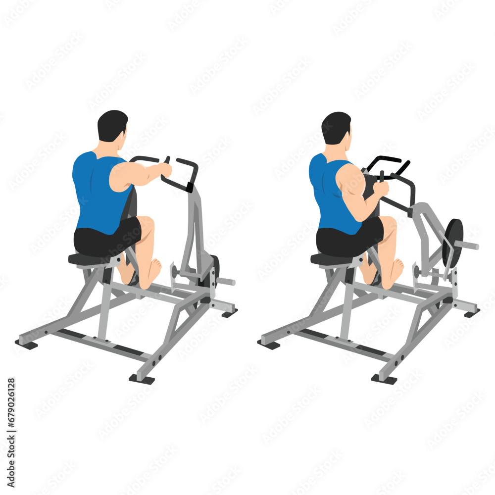 Fototapeta premium Man doing seated lever machine one arm row exercise. Flat vector illustration isolated on white background