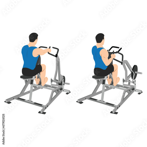Man doing seated lever machine one arm row exercise. Flat vector illustration isolated on white background