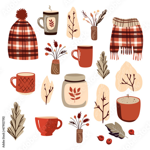 Autumn vector elements, hygge house, warm knitted hat or scarf, trees, cups, candles