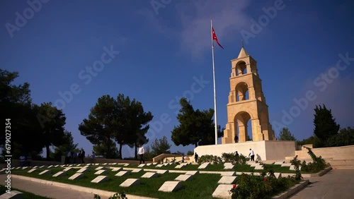 Graves, Monument and Turkish Flag at Çanakkale 57th Regiment Martyrdom
