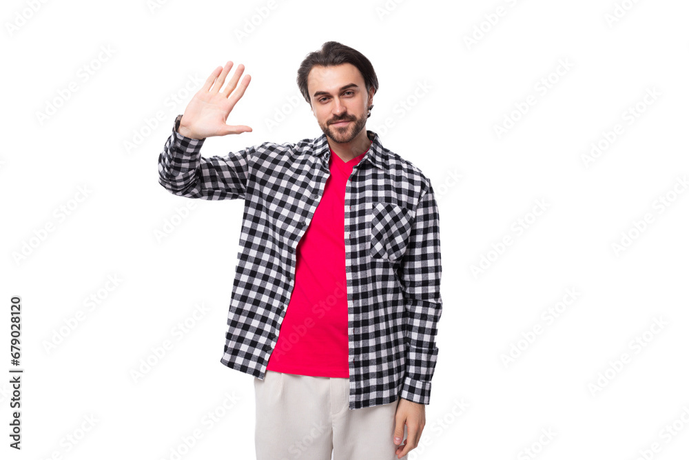 young european man with black hair and beard waving young european man with black hair and beard waving