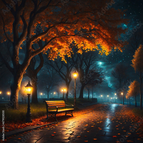 Enchanting 8K autumn street: Glowing lamps, stars, and abandoned bench in a mysterious, high-quality, dark view.