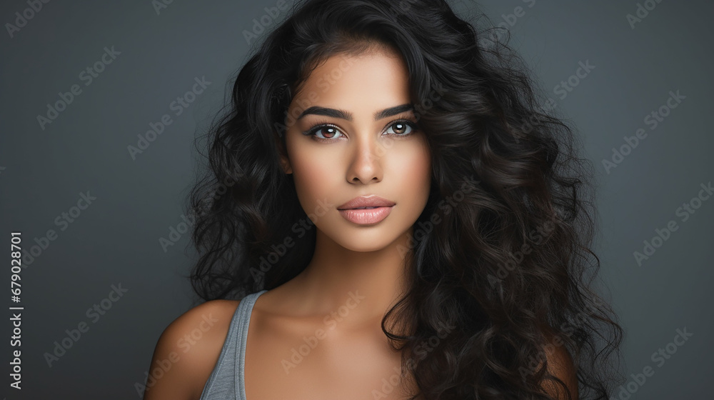 Close up face of young woman isolated on grey wall with copy space. Successful multiethnic girl. Latin woman looking at camera against gray wall. Made with generative ai Close up face of young woman isolated on grey wall with copy space. Successful multiethnic girl. Latin woman looking at camera against gray wall. Made with generative ai