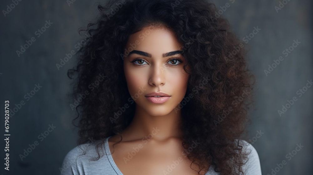 Close up face of young woman isolated on grey wall with copy space. Successful multiethnic girl. Latin woman looking at camera against gray wall. Made with generative ai Close up face of young woman isolated on grey wall with copy space. Successful multiethnic girl. Latin woman looking at camera against gray wall. Made with generative ai