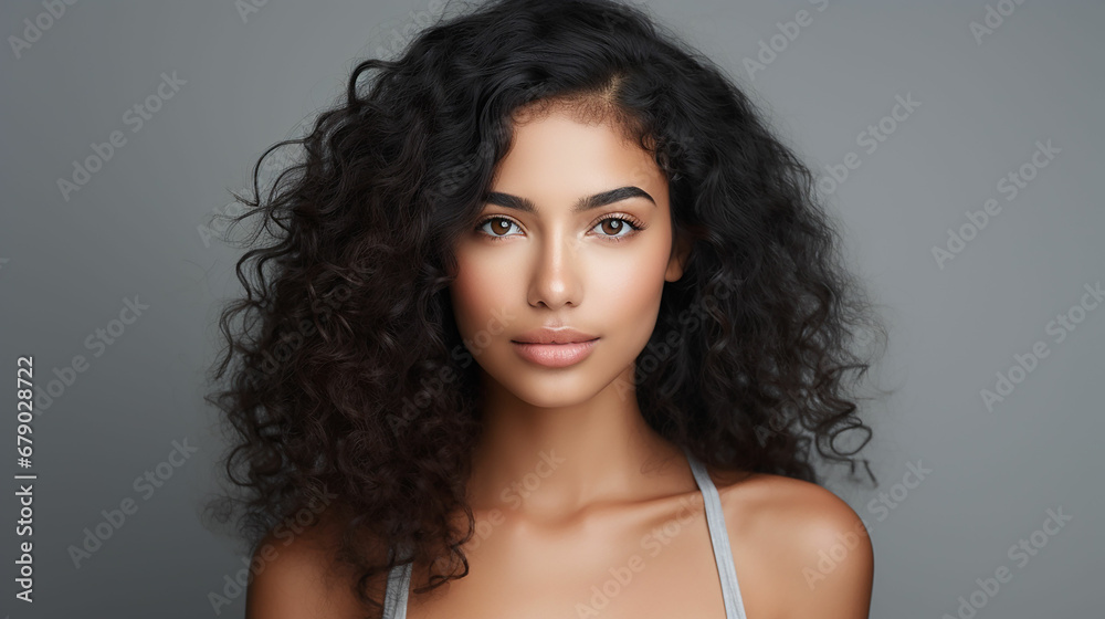 Close up face of young woman isolated on grey wall with copy space. Successful multiethnic girl. Latin woman looking at camera against gray wall. Made with generative ai Close up face of young woman isolated on grey wall with copy space. Successful multiethnic girl. Latin woman looking at camera against gray wall. Made with generative ai