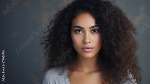 Close up face of young woman isolated on grey wall with copy space. Successful multiethnic girl. Latin woman looking at camera against gray wall. Made with generative ai