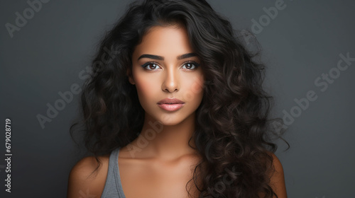 Close up face of young woman isolated on grey wall with copy space. Successful multiethnic girl. Latin woman looking at camera against gray wall. Made with generative ai