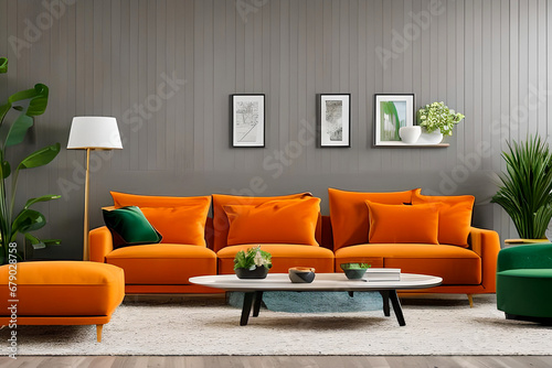 A modern living room with a sofa, table and artwork on the wall photo