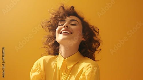 Joyful Charming Woman Against a Yellow Background.