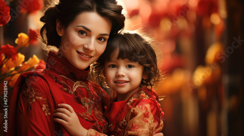 Mother and kid, Chinese new year traditional background, lunar spring festival © hakule
