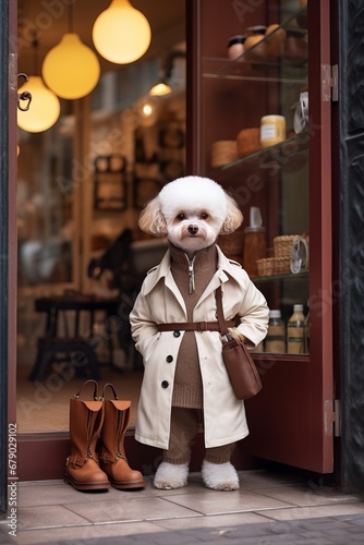 Full Length Photo of an adorable Bichon Frise dog wearing trench coat and holding bag