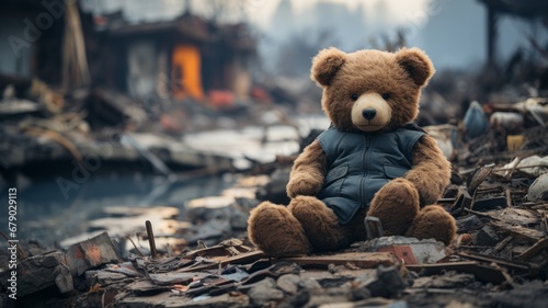 an abandoned and lost teddy bear in a war ruins