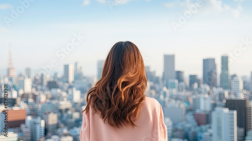 Back View of Japanese Woman at Tokyo Viewpoint with Skyscrapers in the Background.
