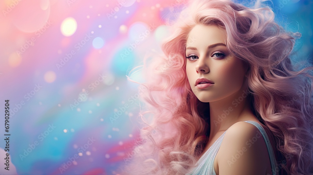 Girl Amidst a Rainbow Pastel Glittering Pink Fantasy Galaxy with Magical Mermaid Bokeh.