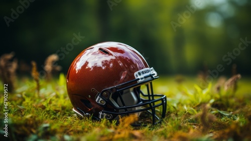 A closeup of an American football helmet on the green field