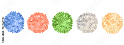 Realistic set of 5 Pom Poms. Blue, red, green, grey-beige and yellow hairy balls pompons. Hand drawn watercolor illustration isolated on transparent.