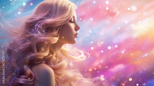 Girl Amidst a Rainbow Pastel Glittering Pink Fantasy Galaxy with Magical Mermaid Bokeh