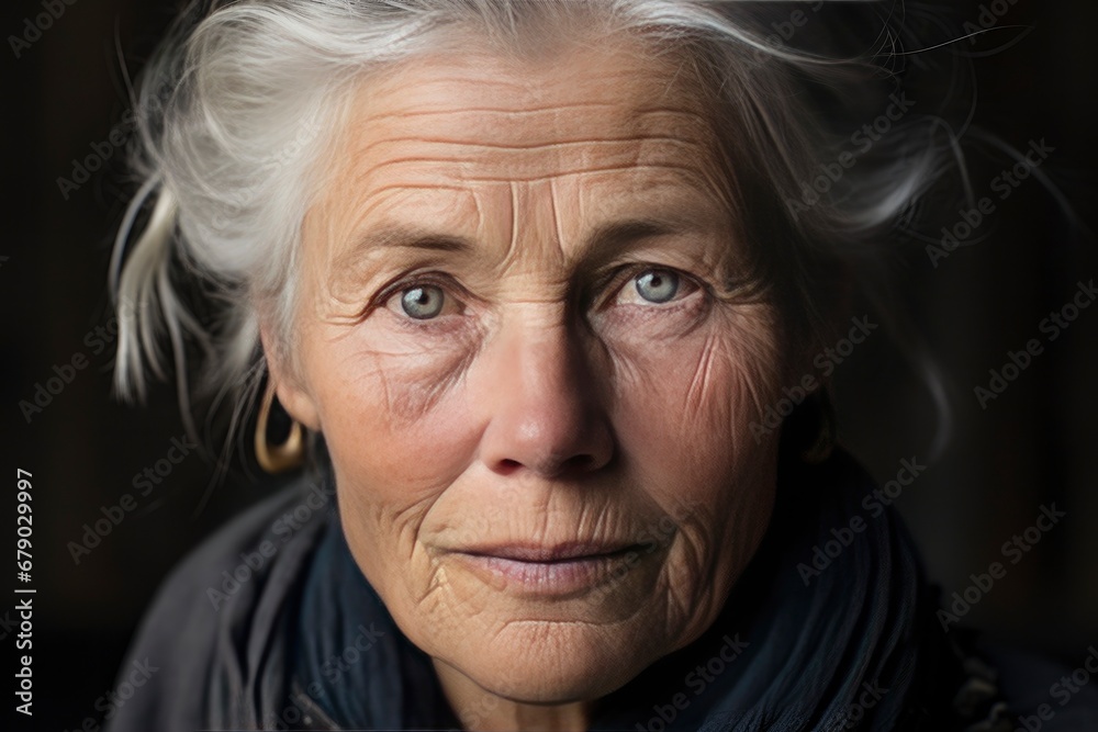 An elderly Woman with Gray Hair and Clear Eyes Gazing into the Camera.