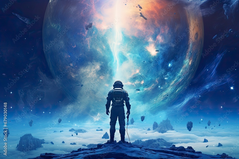 An astronaut standing on a blue background in nebula.