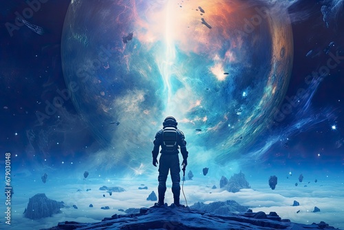 An astronaut standing on a blue background in nebula.