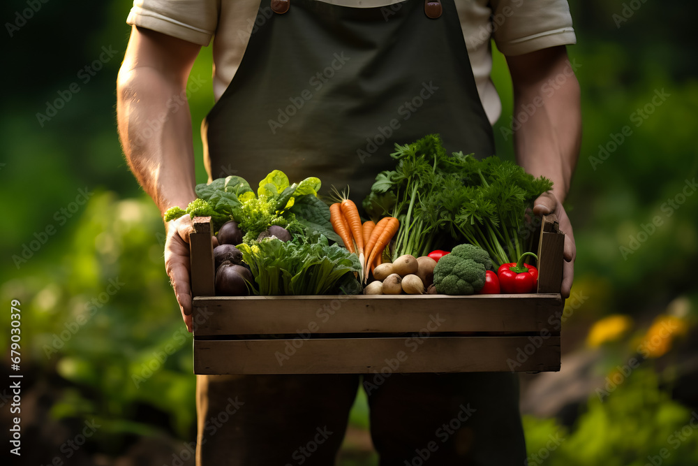Fototapeta premium Farmer holding wooden box full of fresh raw vegetables. harvesting concept