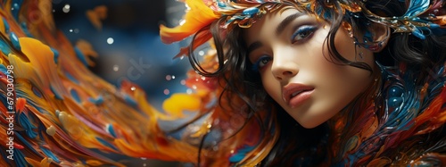 A fantastical portrait of a woman with flowing, colorful, feather-like embellishments swirling around her, set against a blurred, starry backdrop. photo