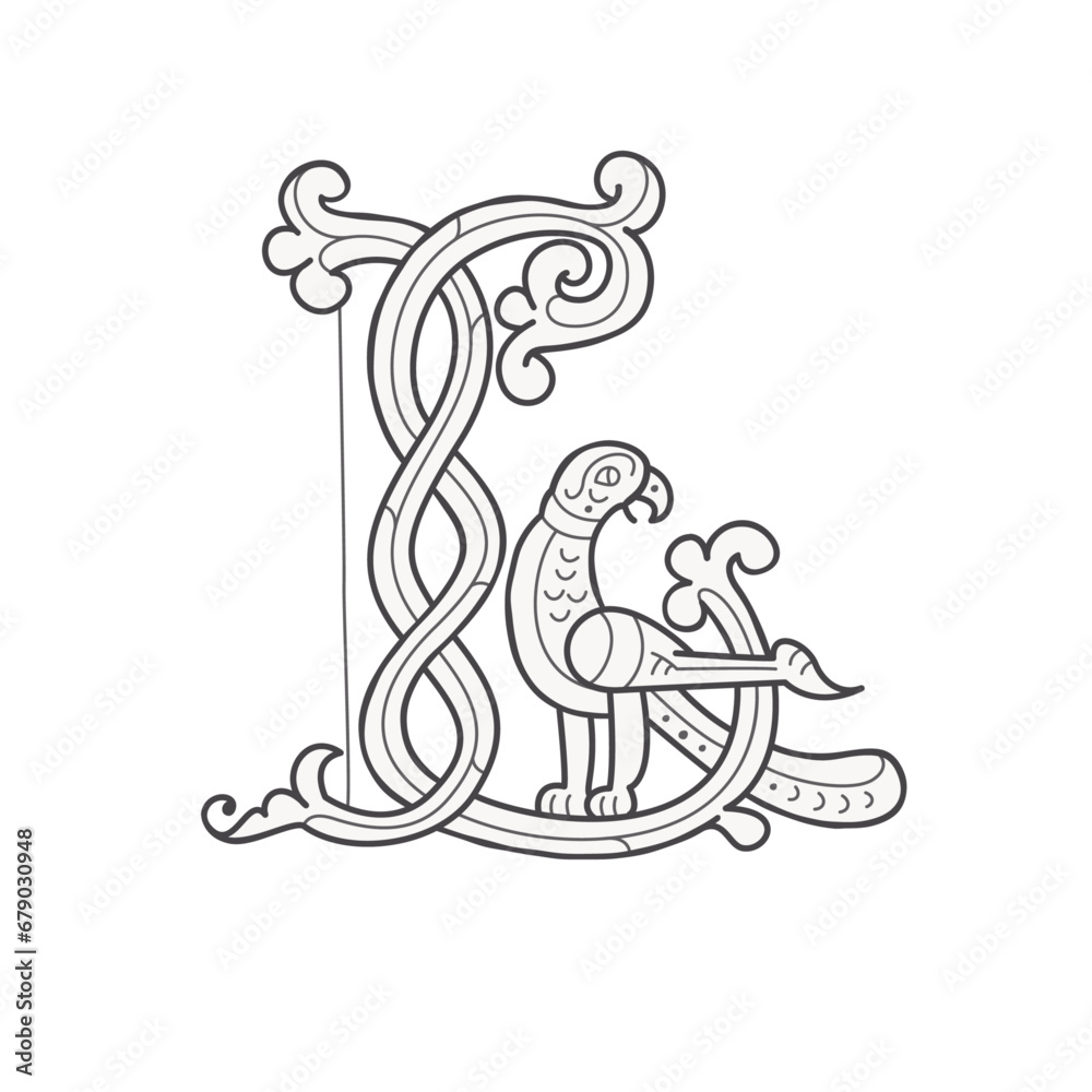 L letter logo. Medieval drop cap monogram. Initials made of spiral Celtic eagle, bird, falcon. Gothic illuminated calligraphy. Middle Ages heraldic ornate capitals. Germanic font for pagan tattoos. L letter logo. Medieval drop cap monogram. Initials made of spiral Celtic eagle, bird, falcon. Gothic illuminated calligraphy. Middle Ages heraldic ornate capitals. Germanic font for pagan tattoos.