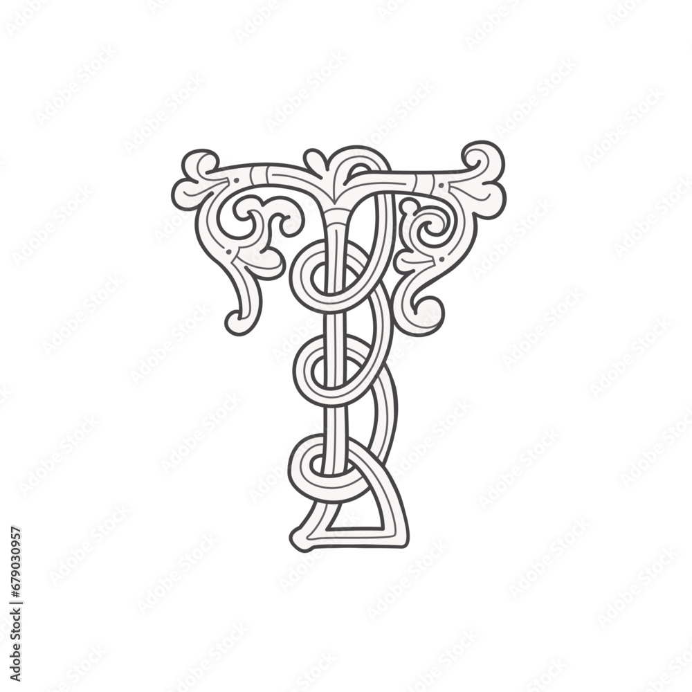 T letter logo. Medieval drop cap. Initial made of spiral Celtic pattern. Gothic illuminated calligraphy. Middle Ages heraldic ornate monogram. Saxon emblem for tattoos, pagan music, potions packaging. T letter logo. Medieval drop cap. Initial made of spiral Celtic pattern. Gothic illuminated calligraphy. Middle Ages heraldic ornate monogram. Saxon emblem for tattoos, pagan music, potions packaging.