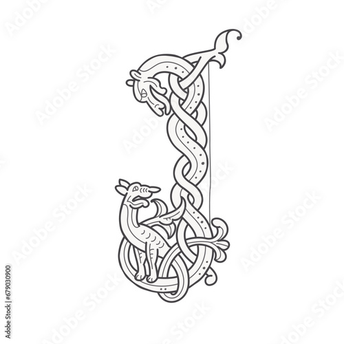 J letter logo. Medieval drop caps monogram. Initials made of spiral Celtic beasts, snake, dragon. Gothic illuminated calligraphy. Middle Ages heraldic ornate capitals. Germanic font for pagan tattoos.