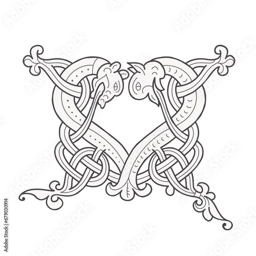 M letter logo. Medieval drop caps monogram. Initials made of spiral Celtic beasts, snake, dragon. Gothic illuminated calligraphy. Middle Ages heraldic ornate capitals. Germanic font for pagan tattoos.