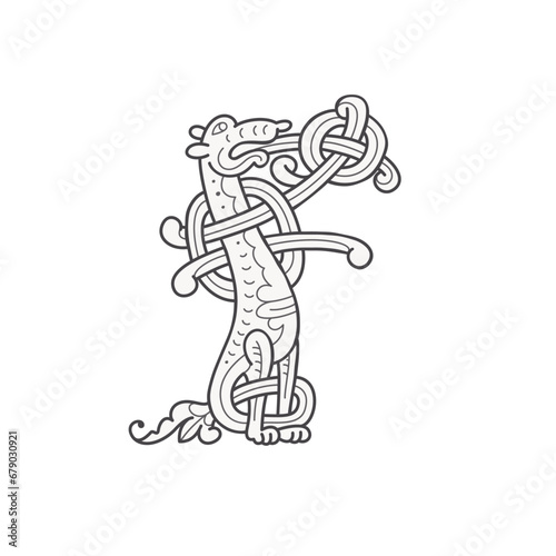 F letter logo. Medieval drop caps monogram. Initials made of spiral Celtic beasts, snake, dragon. Gothic illuminated calligraphy. Middle Ages heraldic ornate capitals. Germanic font for pagan tattoos.