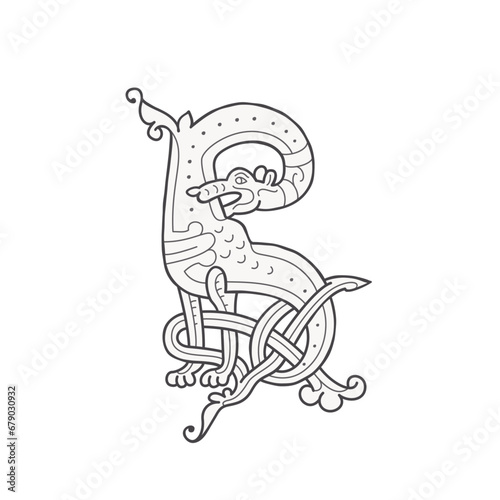 B letter logo. Medieval drop caps monogram. Initials made of spiral Celtic beasts, snake, dragon. Gothic illuminated calligraphy. Middle Ages heraldic ornate capitals. Germanic font for pagan tattoos.