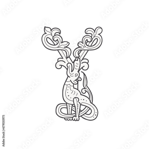 Y letter logo. Medieval drop caps monogram. Initials made of spiral Celtic beasts, snake, dragon. Gothic illuminated calligraphy. Middle Ages heraldic ornate capitals. Germanic font for pagan tattoos.