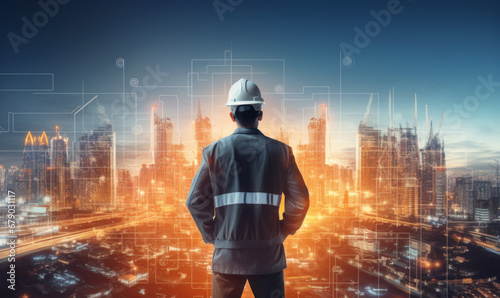 Double exposure image of the engineer standing back during sunrise overlay with cityscape image and futuristic hologram
