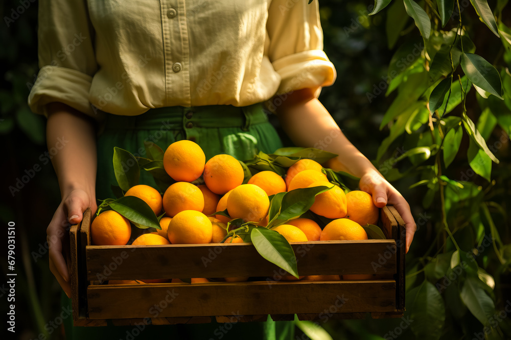 farmer holds ripe oranges in wooden crate, citrus fruits, harvesting concept