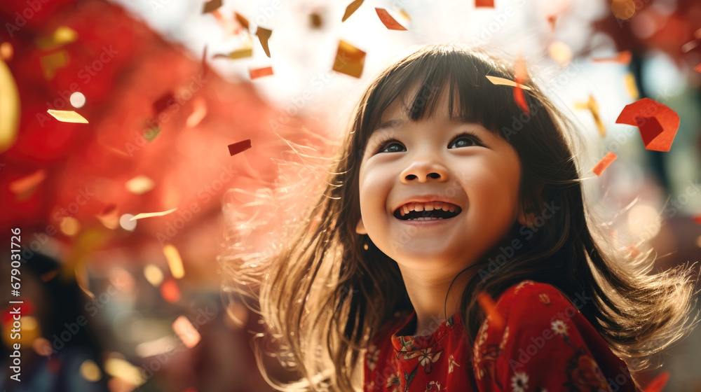 Smiling Chinese girl with red Chinese new year traditional clothing, lunar spring festival Smiling Chinese girl with red Chinese new year traditional clothing, lunar spring festival