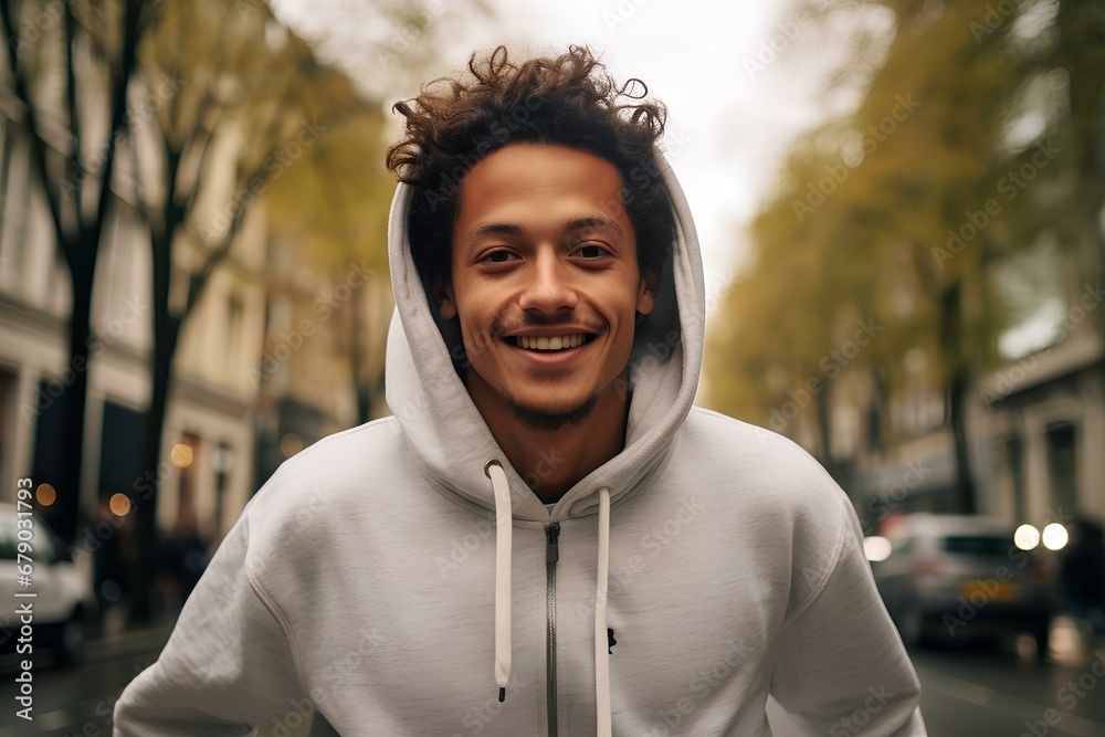 man is in a white hoodie moving and smile, movement and spontaneity, london street background. generative AI man is in a white hoodie moving and smile, movement and spontaneity, london street background. generative AI