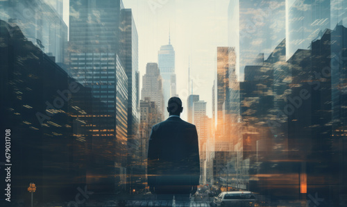 Double exposure of a man looking at skyscrapers with city office building