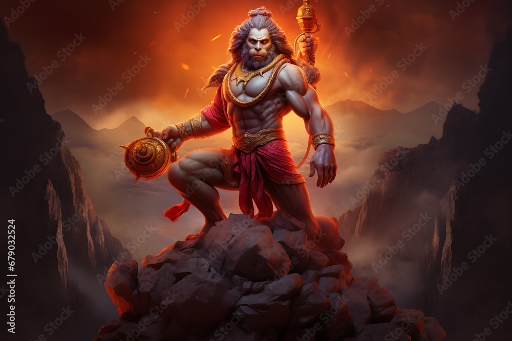 Hanuman: The Divine Monkey God in Hindu Mythology standing on a mountain - obrazy, fototapety, plakaty 