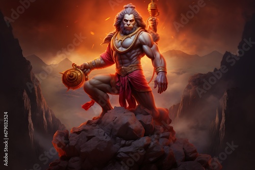 Hanuman: The Divine Monkey God in Hindu Mythology standing on a mountain © George Designpro