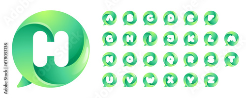 Alphabet set with speech bubble with swirl pattern. Negative space style icon. Colorful gradient emblem for your social media app, call center, online message, feedback icon, telemarketing screen.
