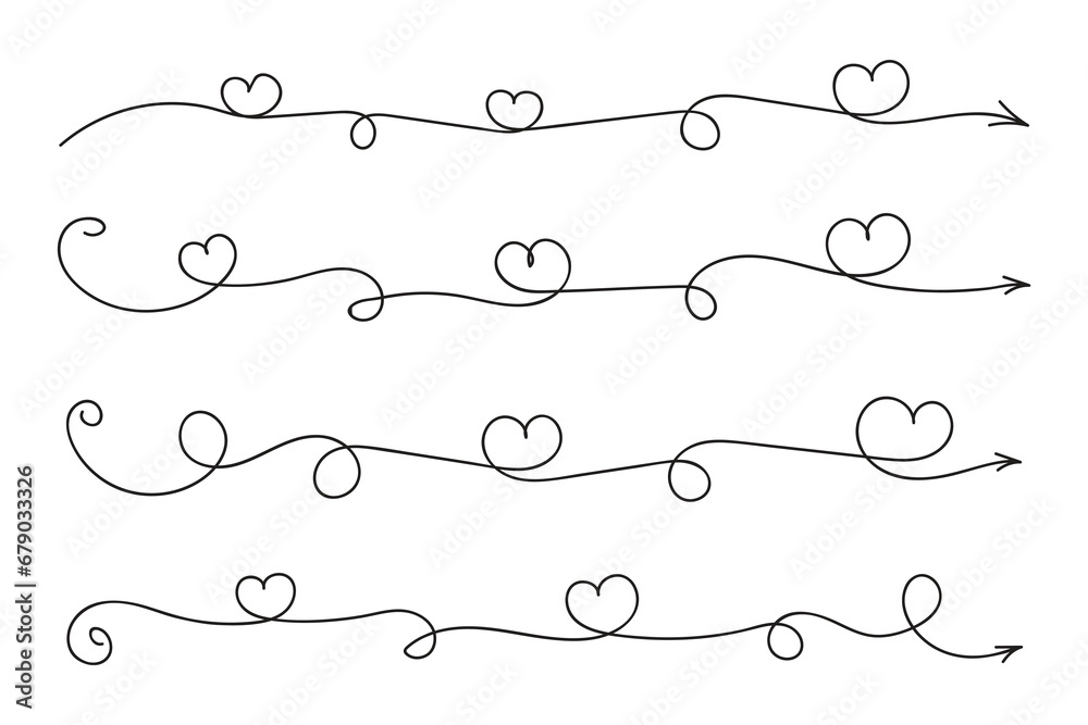 Fototapeta premium Hand drawn Thin continuous line lovely hearts style curved arrow vector, one line left right direction love sign with pen arrows, Minimalistic Outline single line way decorations decorative element