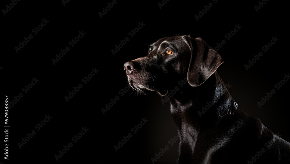 Witness the striking contrast of light and shadow as a majestic black Labrador takes center stage against a dramatic black backdrop. - obrazy, fototapety, plakaty 