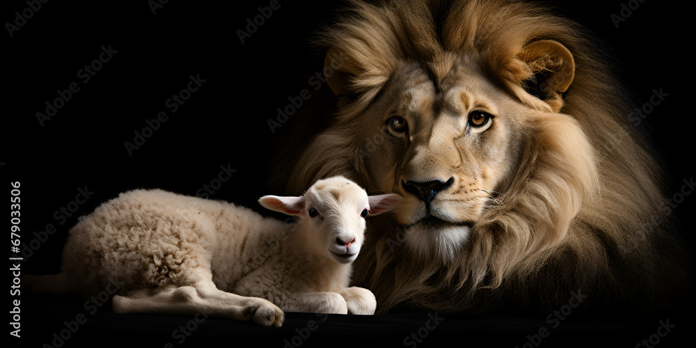 lion in the dark, A lion looking at a lamb, The Lion and the Lamb: Majestic Wildlife Together on Black Background, A lion and a lamb on a black background, generative AI

