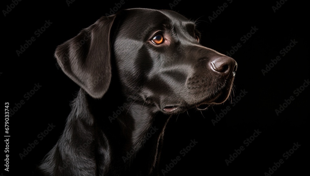 Witness the striking contrast of light and shadow as a majestic black Labrador takes center stage against a dramatic black backdrop. Witness the striking contrast of light and shadow as a majestic black Labrador takes center stage against a dramatic black backdrop.
