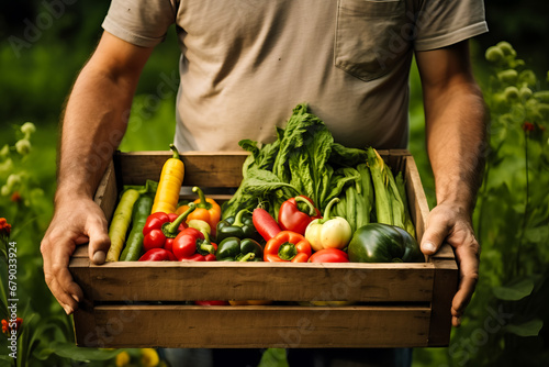 Farmer holding wooden box full of fresh raw vegetables. harvesting concept © zamuruev