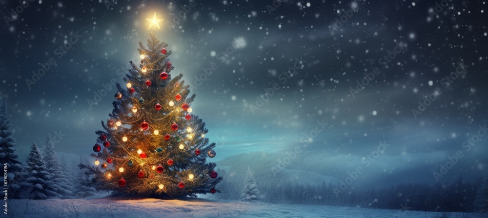 Christmas tree in snowy and snowfall landscape background.